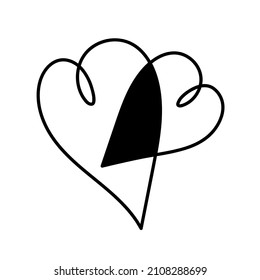 Corazón. Corazón negro con intersección. Feliz Día de San Valentín. Dos cruzaron el corazón. Icono de línea delgada. Dibujo gráfico con la mano de Doodle. Tarjeta de amor. Diseño plano. Fondo blanco. Aislado. Ilustración del vector