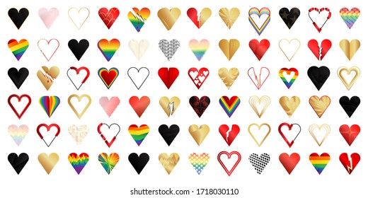 Heart set, broken and whole. Different gold, black, red and colored heart icons, vector illustration collection.