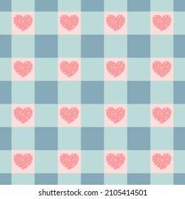 Heart set check plaid pattern. Blue color checkered gingham background. Can be use for any card, print, paper, backdrop, wrapping, fabric, tablecloth. 