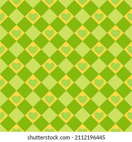 Heart set checker plaid pattern. Green color checkered gingham background. 