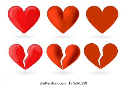 Heart set in different style. Cartoon, realism, icon. Heartbreak, broken heart or divorce