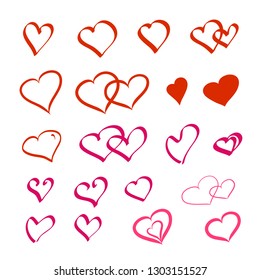 Heart set drawn by hand in red color. Valentines day symbol. Love concept. Digital painting vector