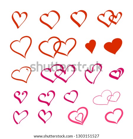 Heart set drawn by hand in red color. Valentines day symbol. Love concept. Digital painting vector