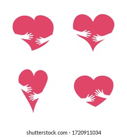 Heart set of elements, hands hug, vector illustration, flat silhouette