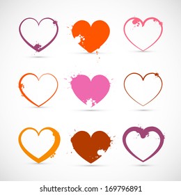 Heart Set. Grunge Pink, Red, Orange Valentine Symbols with Splashes, Stains, Blots.