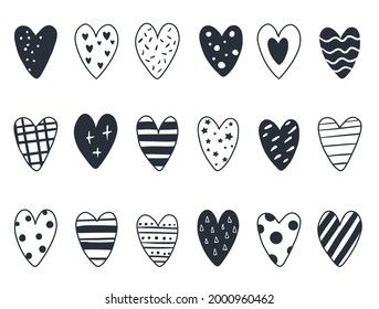 Heart set, hand drawn, Scandinavian style, black and white vector illustration
