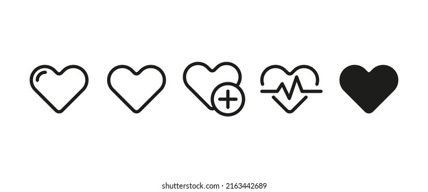 Heart set icon. Like, love, cardiology, heartbeat, pulse, cardiogram, stroke, heart attack, plus, sympathy. Soul concept. Vector line icon for Business and Advertising