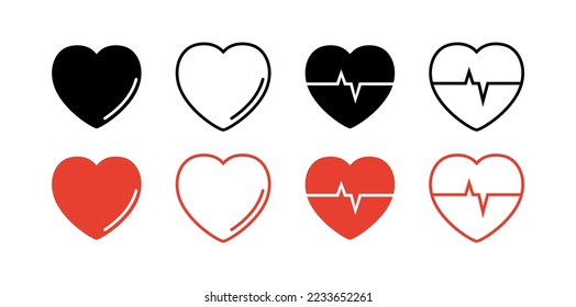 Heart set icon. Like, love, cardiology, heartbeat, pulse, cardiogram, stroke,apoplexy, stroke, heart attack, plus, sympathy. Soul concept. Vector line icon on white background