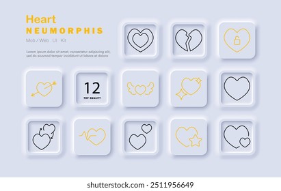 Ícone de conjunto de coração. Amor, coração partido, coração bloqueado, batimento cardíaco, romance, afeto, saúde, símbolo do coração, relacionamento, estilo neomórfico