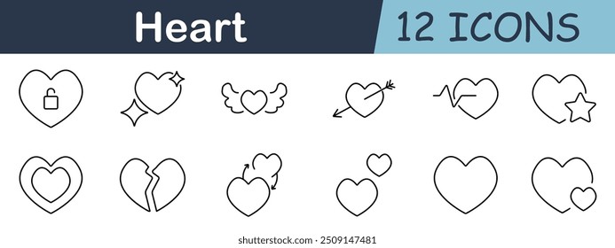 Heart set icon. Love, wings, arrow, heartbeat, star, broken heart, connection, sparkle, romance, relationship, affection, emotion, care, health, symbol, sentiment, support