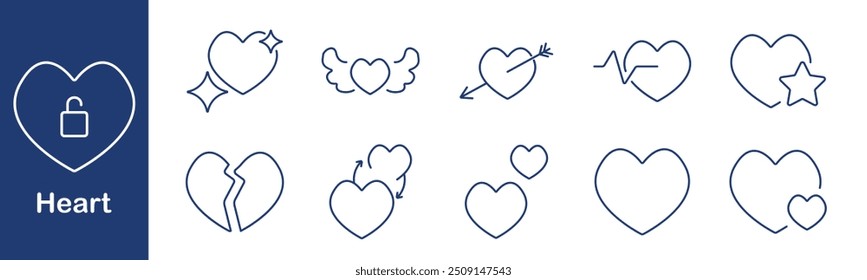 Heart set icon. Love, wings, arrow, heartbeat, star, broken heart, connection, sparkle, romance, relationship, affection, emotion, care, health, symbol, sentiment, support