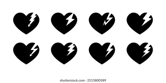 Heart set icons. Lighting icons. Silhouette style. Vector icons.