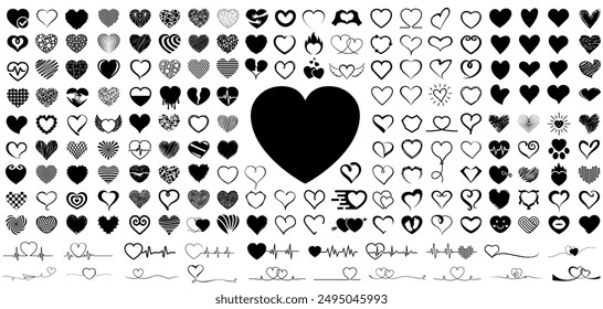 Heart set icons, unique different hearts drawn hand collection, continuous line cute hearts, heart beat pulse one line