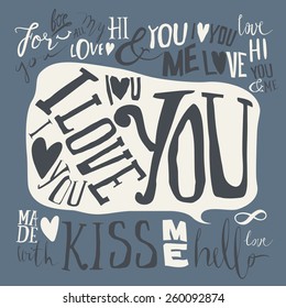 Heart. Set of labels. Postcard love. I love you. Hello. Kiss.