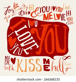 Heart. Set of labels. Postcard love. I love you. Hello. Kiss.