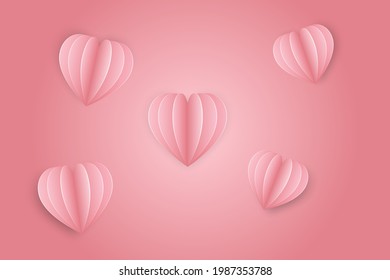 Heart set love symbol illustrations papercut realistic style on pink background