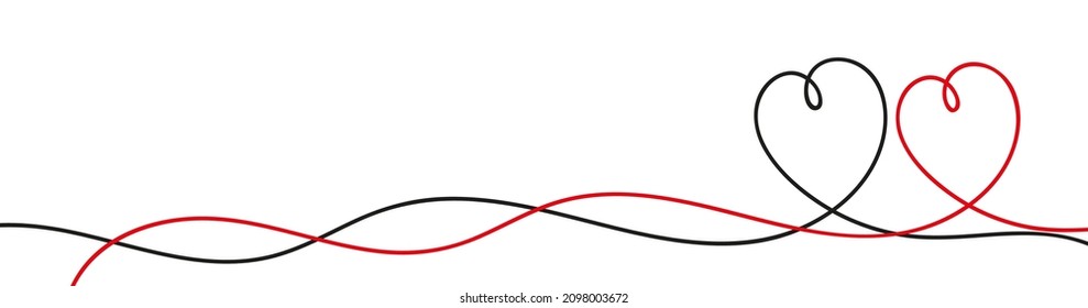 Heart set. One line hand draw doodle. Continuous line art. Black red hearts. Happy Valentines Day. Decoration element. Love romantic sign symbol White background. Isolated. Vector illustration