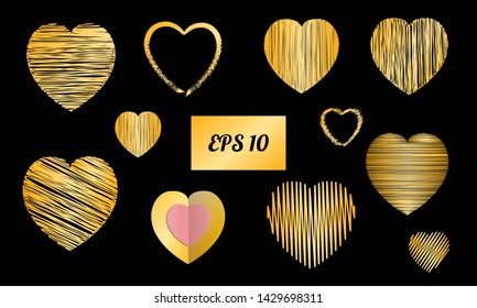Heart set with paper cur heart composition, and a collection of stroke lines stylized golden heart shapes. Romantic and love vector heart object set.