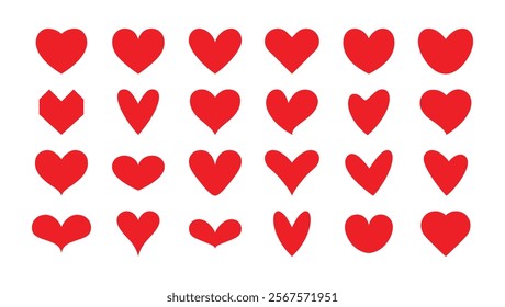 Heart set in red color heart vector illustration on white background. Red heart icon. Set of 24 hearts of different shapes for web. Heart collection. Vector Art