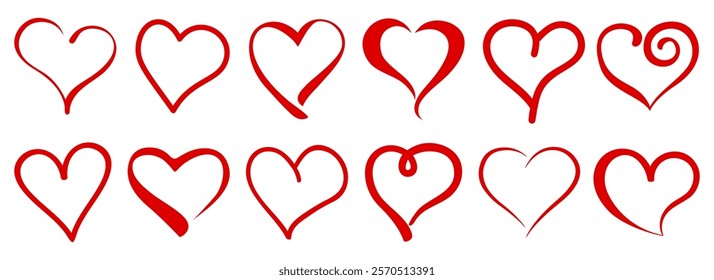 Heart set red icons, romantic unique different hearts drawn hand collection, eternal heart love bonds, relation, half hearts designs