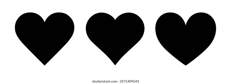 Heart set of three black heart shapes vector illustration on white background. Black heart icon. Heart collection. Vector Art