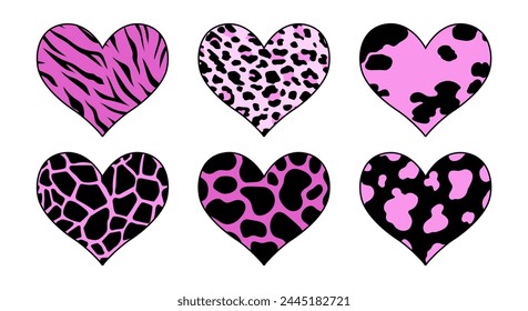 Corazón puesto. Tigre, leopardo, estampado de vaca. Símbolo de amor. Día de San Valentín. Ilustración vectorial.