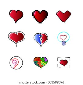 Heart set in various styles. Vector illustration.