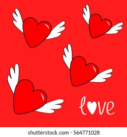 Heart set with wings. Cute cartoon contour sign symbol. Winged shining angel hearts. Flat design style. Love greeting card. Isolated. Red background. Vector illustration