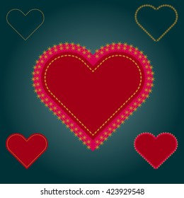 heart with sewing seams, gold stars on a dark green background