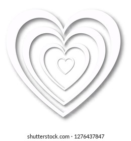 Heart with shadow of beautiful abstract festive hearts made of white paper for happy saint valentine's day on white background and copy space. Vector illustration.