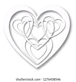 Heart with shadow of beautiful abstract festive hearts made of white paper for happy saint valentine's day on white background and copy space. Vector