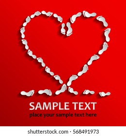 Heart with shadow for valentines day  made of footprints on red background. Paper art. Design element for card, invitation, label, postcard, vignette, t-shirt graphics.  Vector illustration.