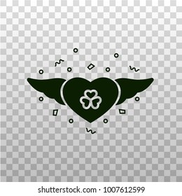 Heart with shamrock symbol and wings - flat silhouette icon on isolated transparent background. Love Ireland vector monochrome symbol for tourist guides, books, Saint Patrick's Day celebration. 