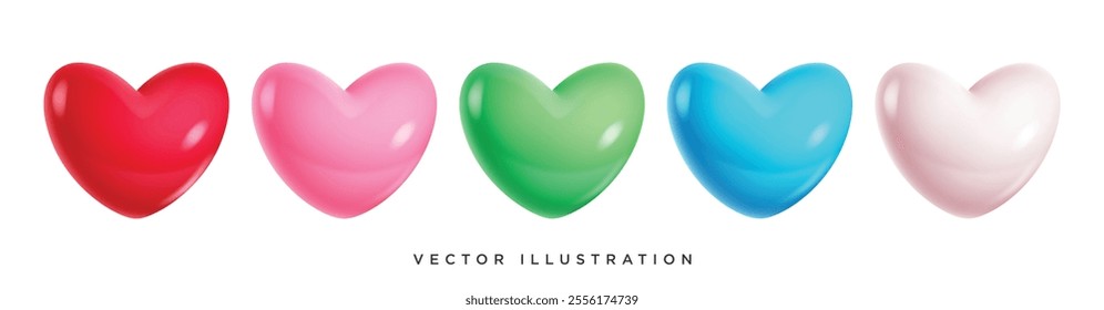 Heart shape 3d colorful clipart set. Hearts balloons glossy icon collection in red, pink, green, blue and white for valentine's day graphic elements. Vector illustration love inflatable symbol clip 