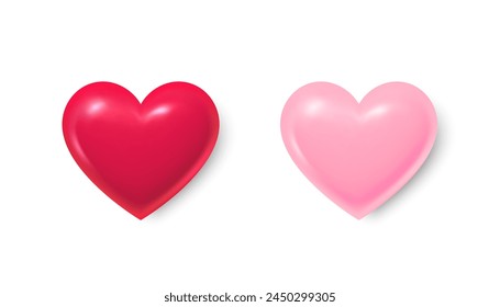 Heart shape 3d icons. Love symbol for Valentines day and Mother day decoration. Social media like symbol. Set of realistic 3d hearts for love design. Red and pink hearts. Vector illustration