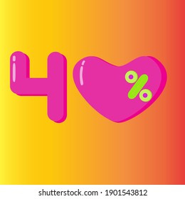 Heart shape 40 percent discount symbol on orange gradient background