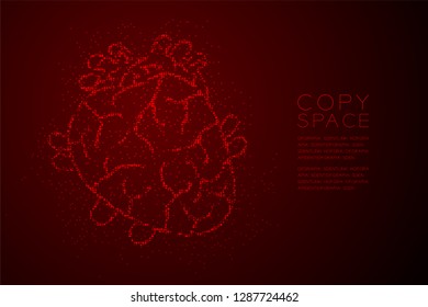 Heart shape Abstract Geometric Bokeh light circle dot pixel pattern; Medical Science Organ concept design red color illustration isolated on red gradient background with copy space; vector eps 10