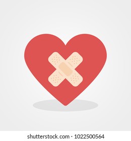 Heart shape with adhesive bandage. Flat design, vector illustration