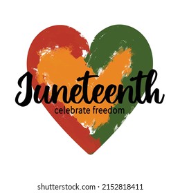 Heart shape African colors - red, yellow, green with vector grunge paint brush texture. Artistic greeting card for Juneteenth. Celebrate freedom.T shirt print.