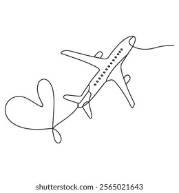  Heart Shape Airplane Path Line Art. continuous line heart travel route 