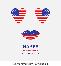 Heart shape american flag icon set. Face with eyes and lips. Star and strip. 4th of July. Happy independence day United states of America. Greeting card. Flat design. Vector illustration