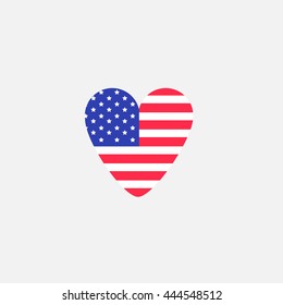 Heart shape american flag Star and strip icon. Flat design. Vector illustration