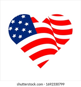 Heart shape american flag. Vector illustration, banner icon. Decoration for the us independence day. American flag for the 4th of July celebration in the United States