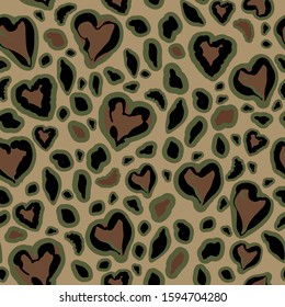 Heart shape from animal leopard skin in military camouflage mood seamless pattern in vector EPS10 ,Design for fashion,fabric,web,wallpaper,and all print on beige background