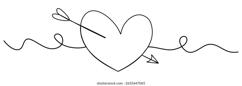 Heart shape with arrow continuous line drawing. Vector illustration isolated on white.