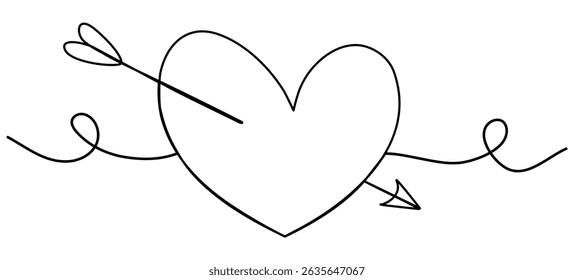 Heart shape with arrow continuous line drawing. Vector illustration isolated on white.
