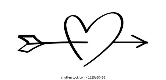 heart shape with arrow line isolated on white, heart pierced by an arrow for valentine's day concept, arrow and heart for clip art black line, arrows hitting a heart shaped target