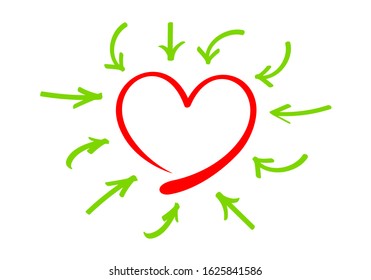 heart shape and arrow line points to heart frame isolated on white, doodle red heart shape and arrow line green for clip art, illustration of arrow line and heart red, copy space for valentine's day