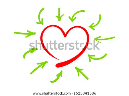heart shape and arrow line points to heart frame isolated on white, doodle red heart shape and arrow line green for clip art, illustration of arrow line and heart red, copy space for valentine's day