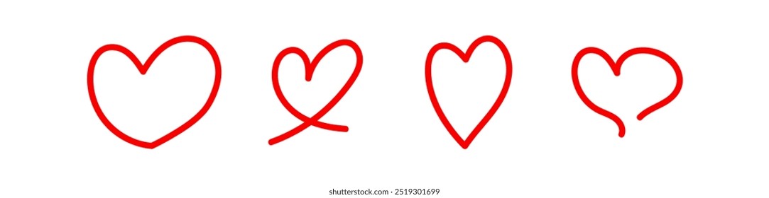 Línea del arte de la forma del corazón, garabato del corazón dibujado a mano, etiqueta engomada del corazón lindo